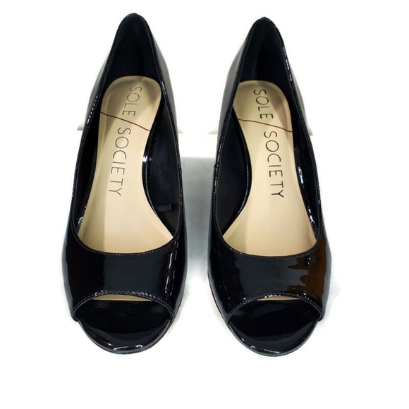 Sole Society Patent Leather Chaya Wedge Sandal Black Size 7.5 3" Wedge Peep-toe - Picture 2 of 10